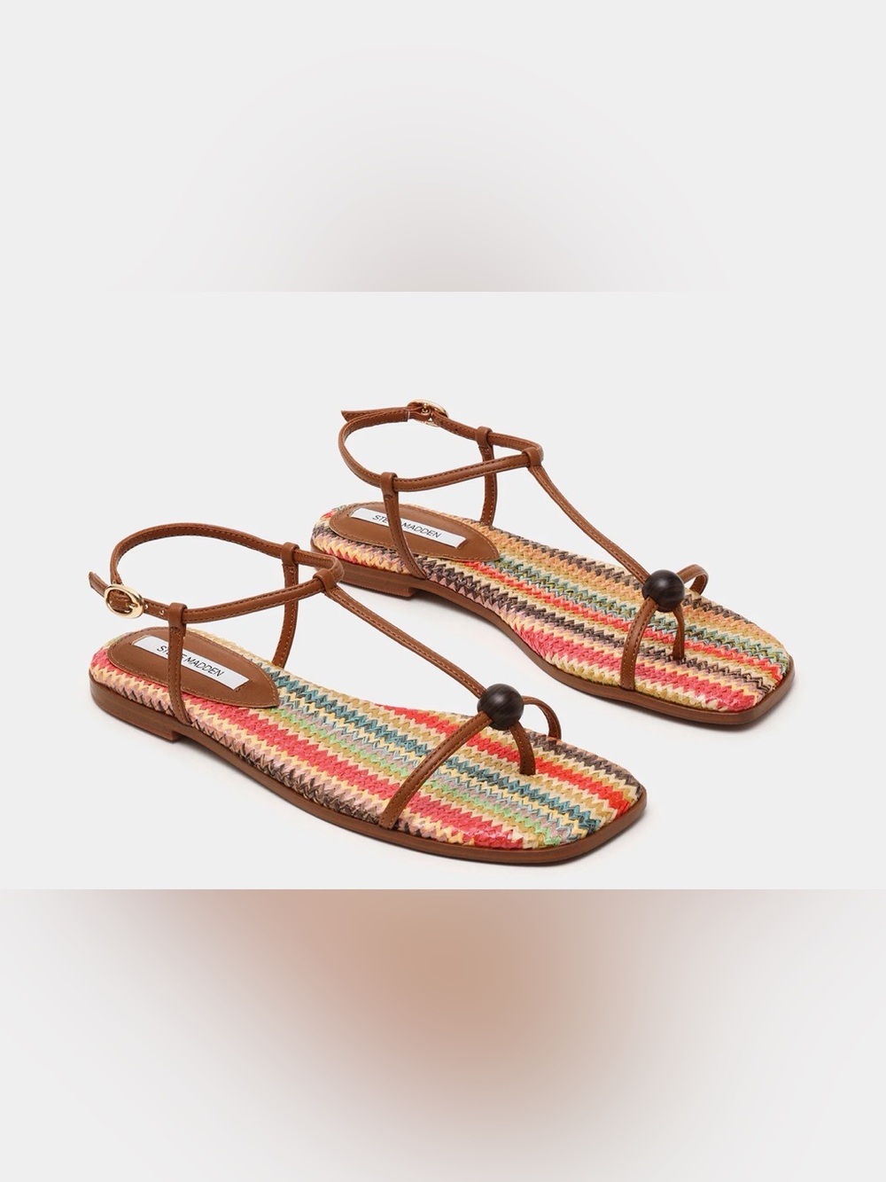 Steve Madden “Ritzy” Brown Strappy Multicolor Woven T-Strap Sandals